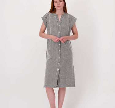 Gestreiftes Knopfleiste-Kleid mit kurzen Ärmeln | Off-White/Schwarz