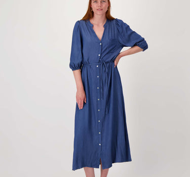 tencel denim dress poff sleeves striped | mid blue denim