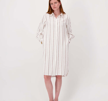 blousejurk in gestreept linnen | off white /brown