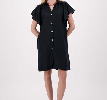 linnen fladdermouw jurk met zakken | black