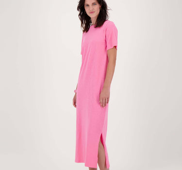 long t-shirt dress with slit | bright pink