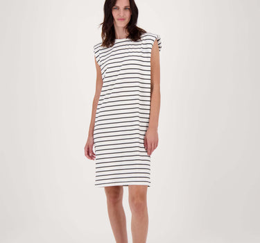 jersey striped dress with shoulder pads | off white / black
