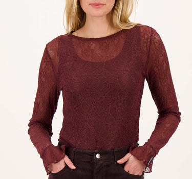 Stretch lace top with ruffled sleeves | burgundy
