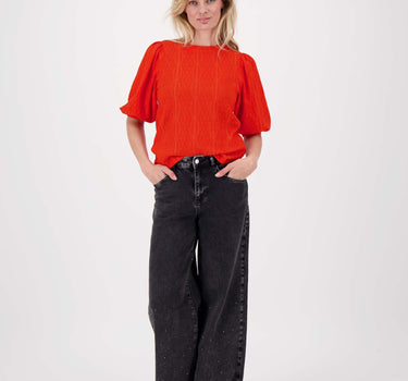Top mit Broderie-Kurzarm | Orangerot