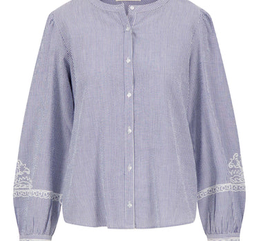 Bestickte Bluse, gestreift | Weiß/Dunkelblau