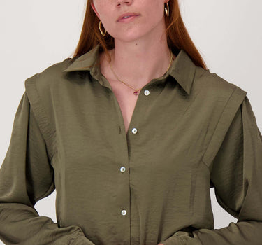 satin blouse with shoulder detail | moss green