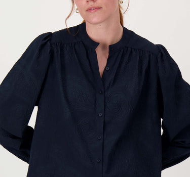 ballon mouw blouse met paisley structuur | navy