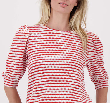 puff sleeve top with stripes in textured material | off white / red