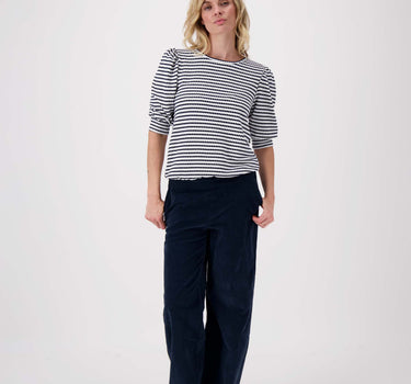 pofmouw top met streep in structuur materiaal | off white / navy