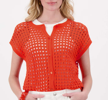 openwork sleeveless cardigan | coral