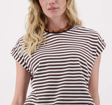 T-shirt with rolled-up sleeves and stripes | off-white/brown