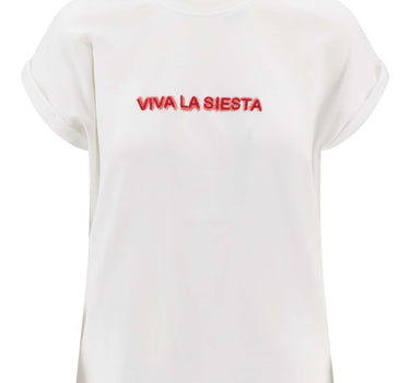 T-shirt met opgerolde mouw viva la siesta | off white / coral