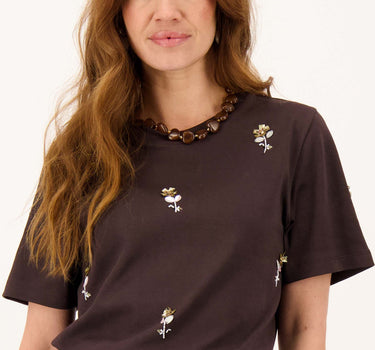 t-shirt met allover kralen korte mouw | dark choco