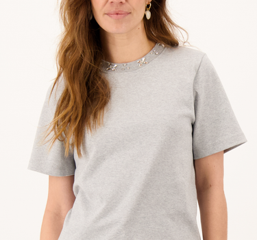 t shirt met kralen hals met korte mouw | grey melange