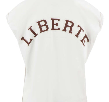 top met rollup mouw en borduurprint | off white / taupe