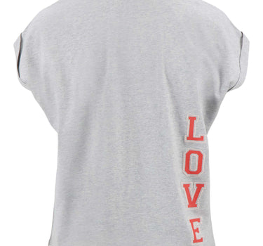 top met rollup mouw met borduur print | light grey melange/ red / pink