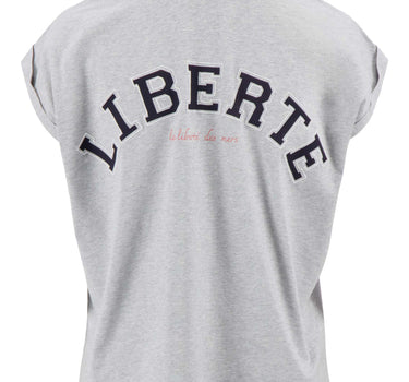 top met rollup mouw en borduurprint | light grey melange / navy