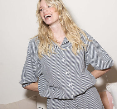 gestreepte blouse van structuur stof | summer navy / off white