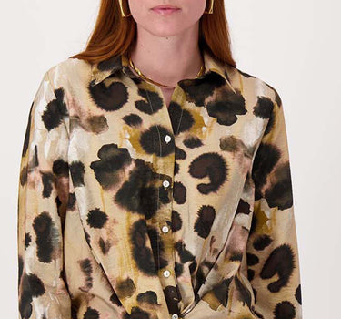 Stitched-down collar blouse with print | chocolate / sand / light pink
