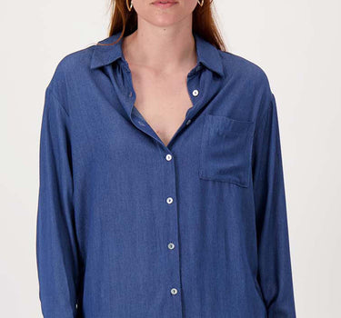 striped denim blouse | mid-blue denim