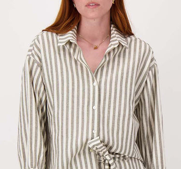 gestreepte linnen blouse | light mossgreen / off white