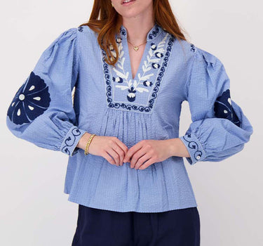 seersucker blouse met bloemen | mid blue