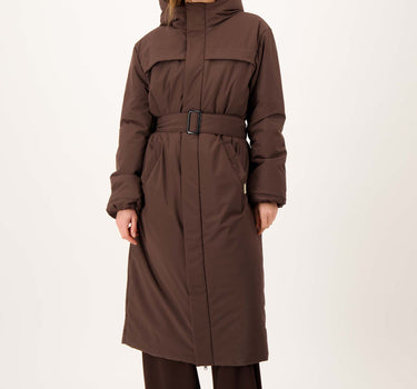 lange padded jas met riem | dark choco