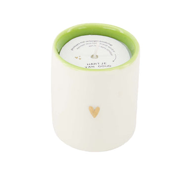 Scented candle, ceramic heart, gold | white / light green