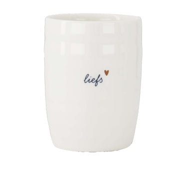 Kaffeetasse „Liefs“ in Weiß/Braun, Keramikdesign mit „Liefs“-Aufdruck, von Zusss.