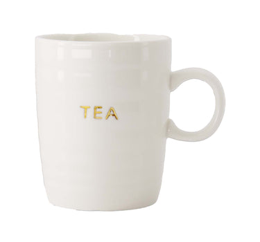 theemok tea van Zusss, wit/goud keramiek mok met gouden TEA letters van Zusss
