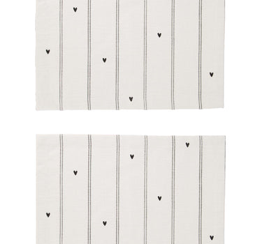Set van 2 placemats met zandkleurige achtergrond, antracietgrijze strepen en hartjes, van Zusss.