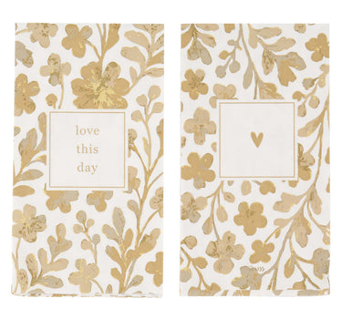 Servetten rechthoek hartje love this day wit/goud van Zusss; twee papieren servetten met goudkleurige bloemendessin.