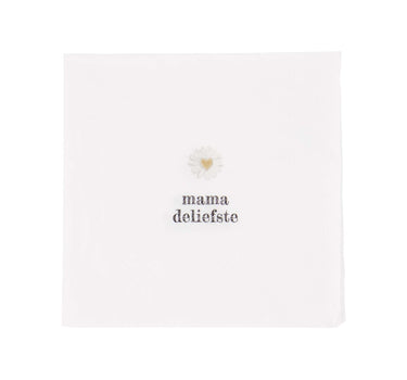 Quadratische Servietten „Mama deliefste“ von Zusss, weiß mit gelber Blume und schwarzem Schriftzug