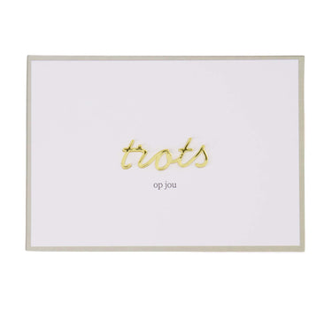 Ansichtkaart trots op jou, witte voorkant met gouden letters in white / gold van Zusss.
