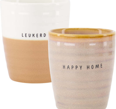 set van 2 koffiemokken Happy Home & Leukerd - Keramieken mokken - Crème/wit/camel - 225ml