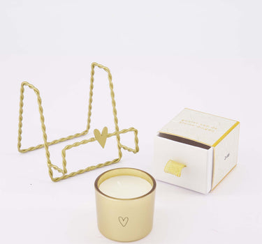 cadeauset Geniet van de kleine dingen - Kaartenstandaard hartje & geurkaars in doosje - Goud/wit