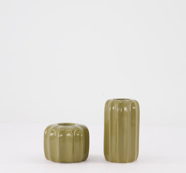 decoratieset Ribbel - Kandelaar & vaasje van keramiek - Groen