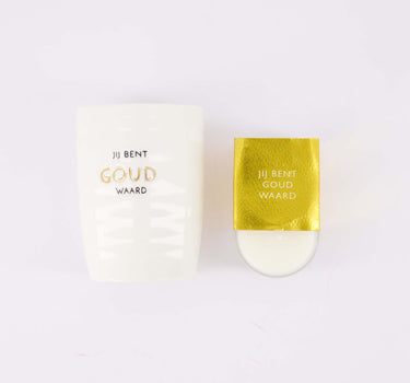 cadeauset Hartje & Jij bent goud waard - Koffiemok & geurkaarsje in wikkel - Goud/wit
