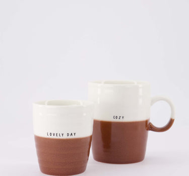 set van 2 mokken Lovely Day & Cozy - Koffiemok & theemok - Wit/donkerrood