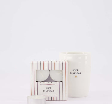 cadeauset Vier elke dag - Koffiemok & waxinelichtjes in doosje - 225ml