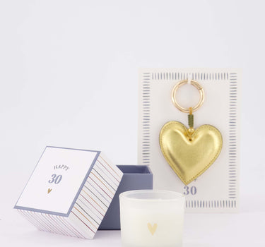 cadeauset Happy 30 - Ansichtkaart met sleutelhanger & geurkaars in doosje - Wit/asblauw