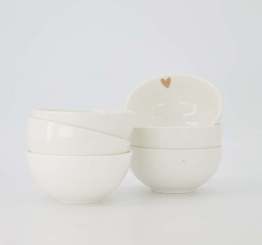 set of 6 bowls with gold heart