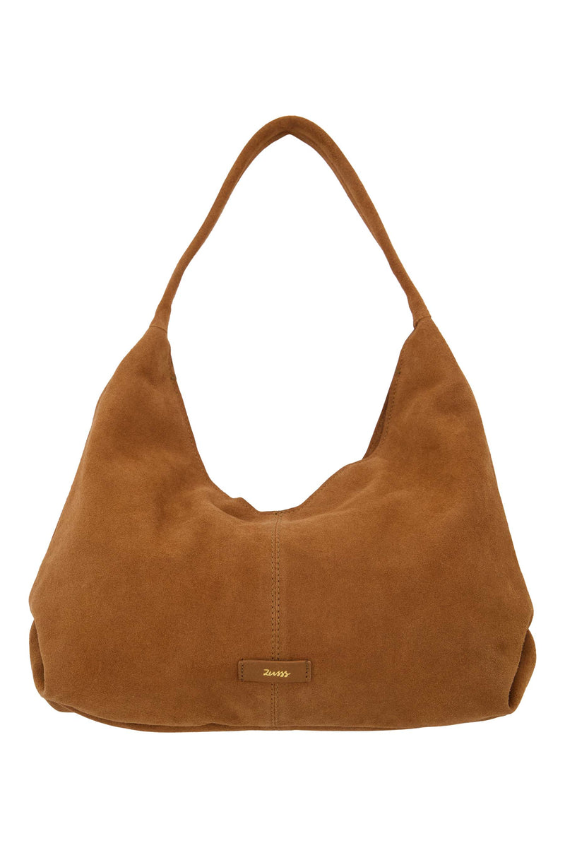 suede handtas met logo | cognac
