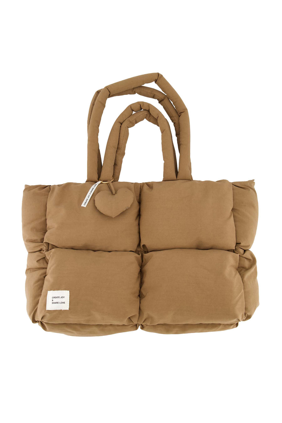 padded puffer tas met hart hanger | hazelnut
