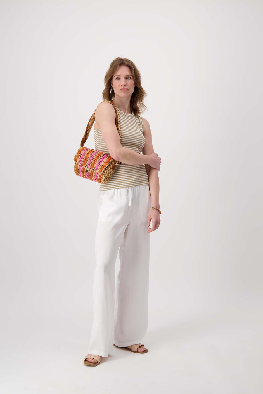 raffia shoulder bag with stripes | sahara / bright pink / orange