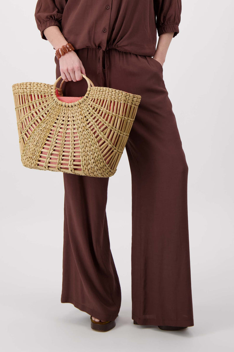 zeegras rieten tas met streep voering groot | beige