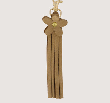 Bag/key chain with suede flower/tassel | dark sand by Zusss, suede tassel with flower decoration and gold hardware