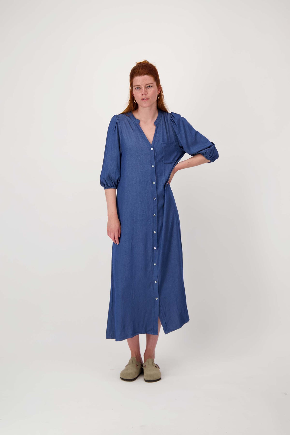 Tencel Denim Dress with Puff Sleeves, Mid Blue – Zusss