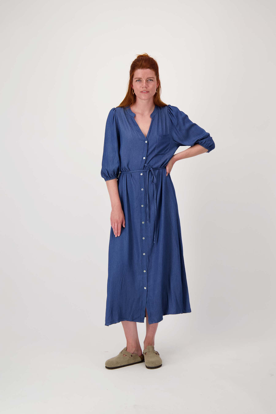 tencel denim dress poff sleeves striped | mid blue denim