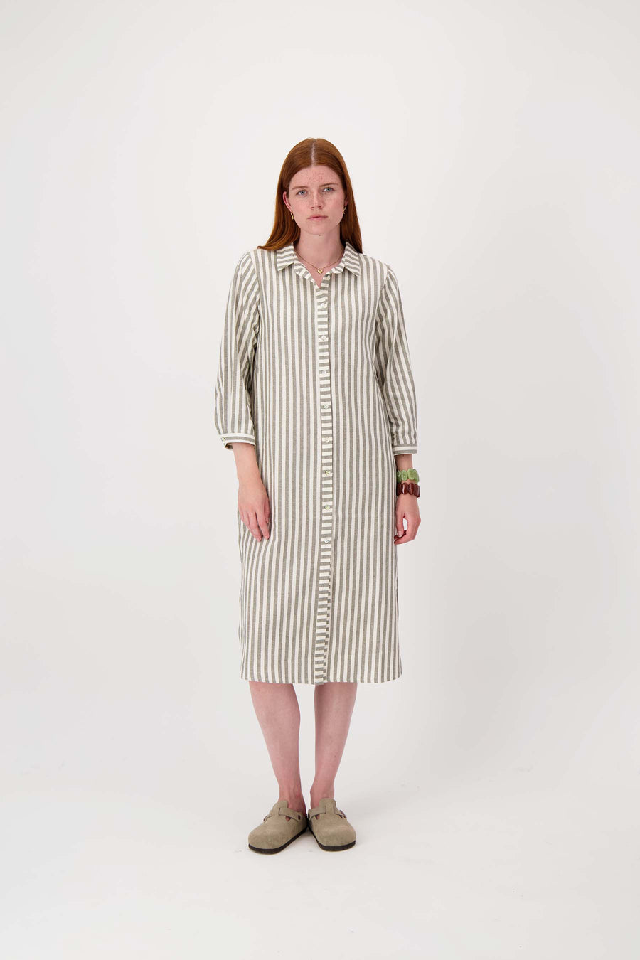 gestreepte linnen blousejurk | light mossgreen / off white